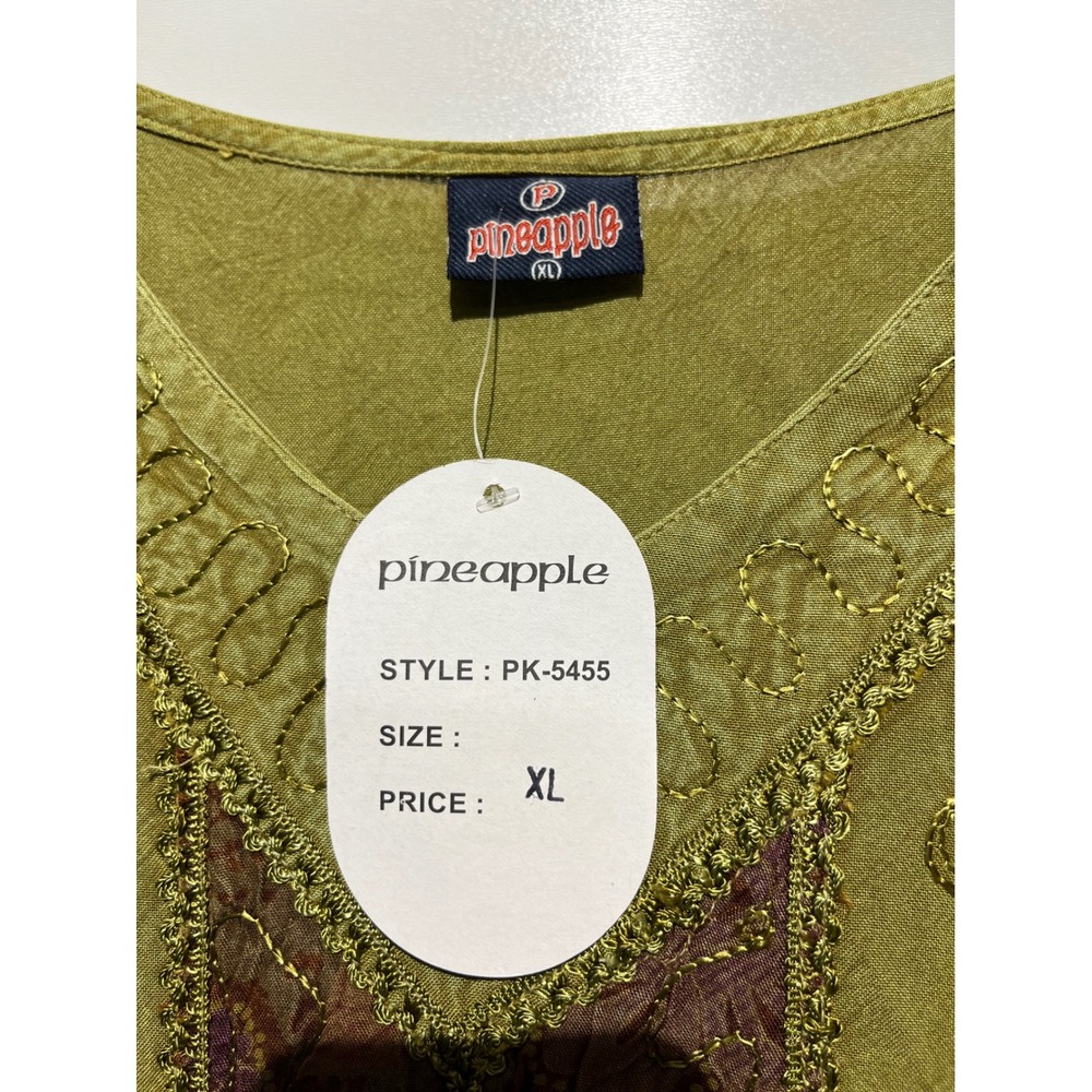 Pineapple Olive Green Floral Patchwork Gold Embroidered V-Neck Midi Dress XL NWT - Picture 8 of 10